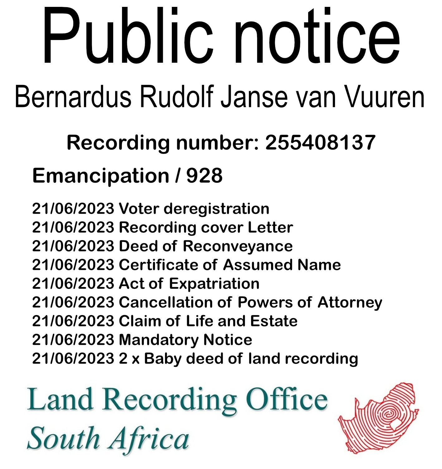 Public Notice Bernardus Rudolf Janse van Vuuren (c) Recording number 255408137